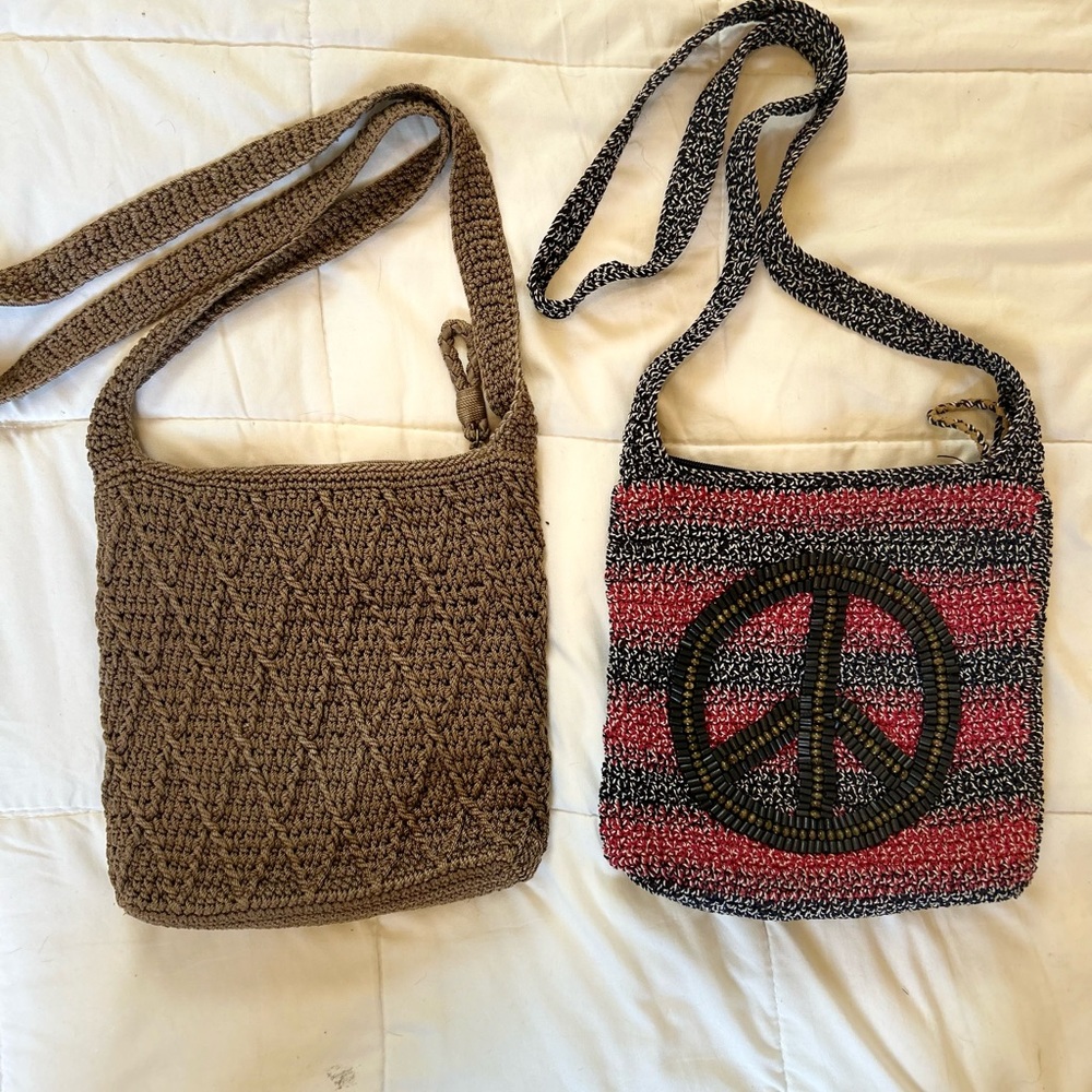 Gorgeous condition!THE SAK Peace ☮️ sign and Tan Crochet and Beaded Hobo purses.
